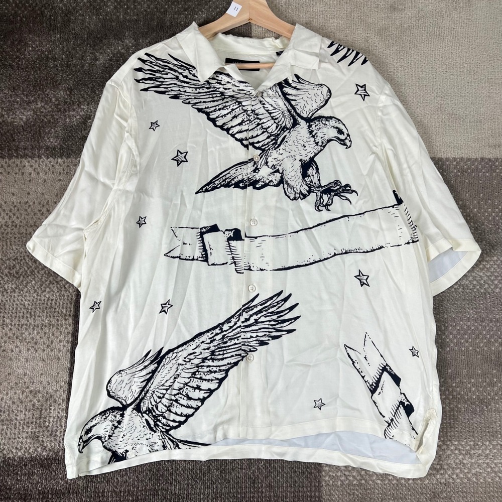 AllSaints Otis Eagle Button Down Shirt Mens L Off White Loop Collar AOP